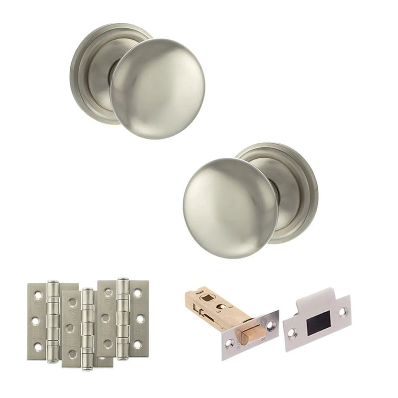 Atlantic Old English Harrogate Door Knob Pack (Latch Set - 3" HD Latch, 3" Fire Rated Hinges x3)