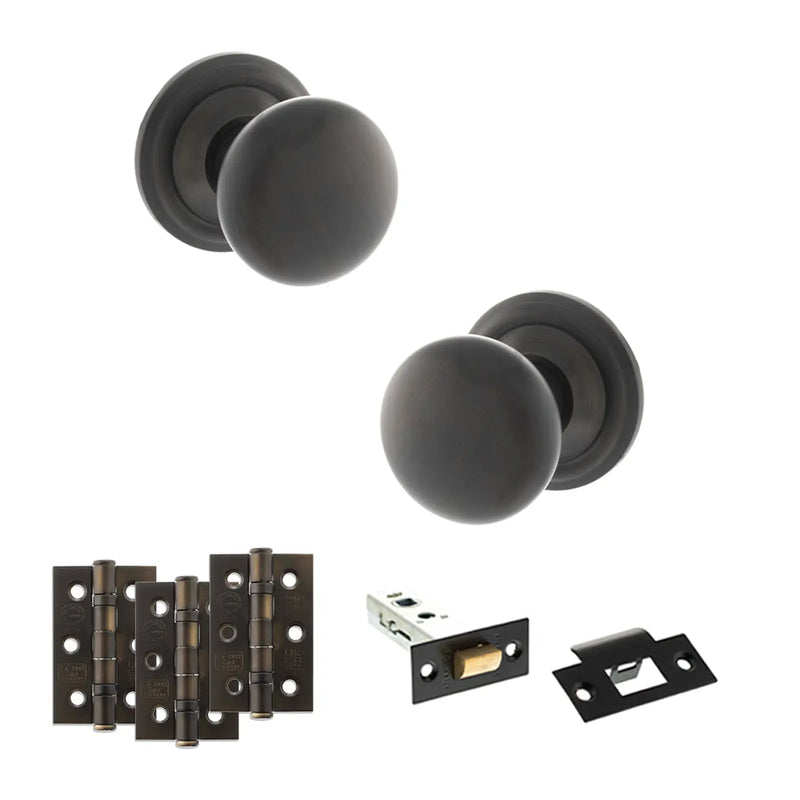 Atlantic Old English Harrogate Door Knob Pack (Latch Set - 3" HD Latch, 3" Fire Rated Hinges x3)