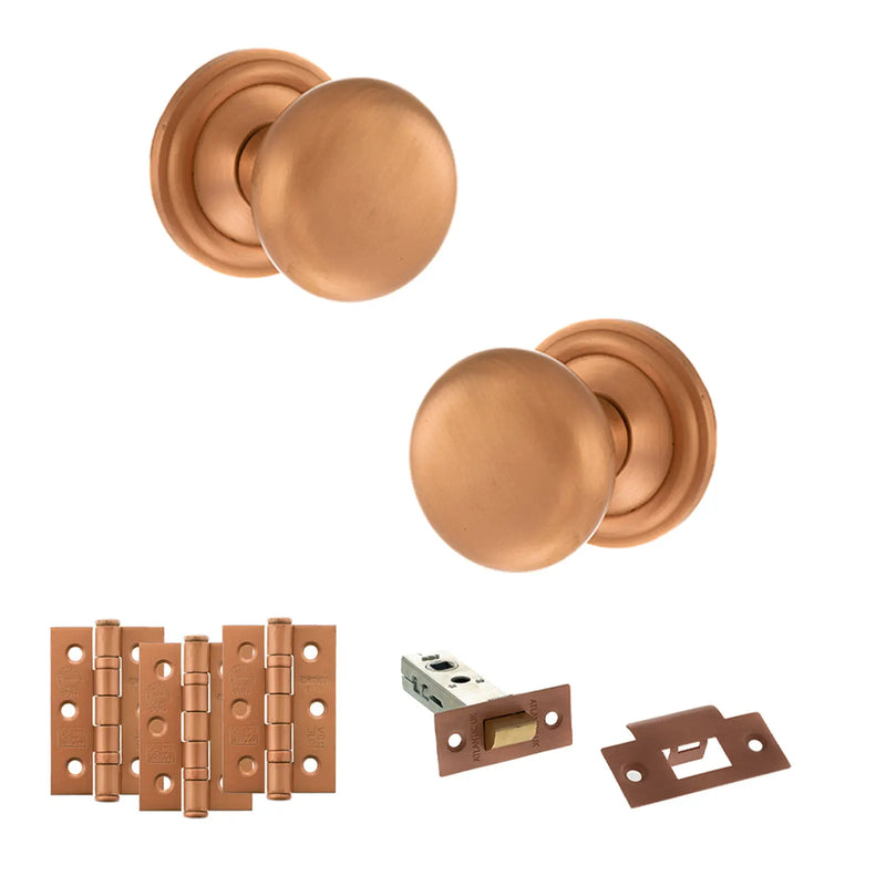 Atlantic Old English Harrogate Door Knob Pack (Latch Set - 3" HD Latch, 3" Fire Rated Hinges x3)