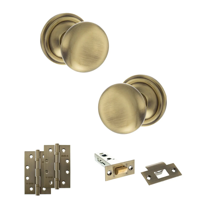 Atlantic Old English Harrogate Door Knob Pack (Latch Set - 3" HD Latch, 4" Slim Knuckle Hinges x2)