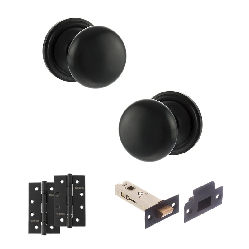 Atlantic Old English Harrogate Door Knob Pack (Latch Set - 3" HD Latch, 4" Slim Knuckle Hinges x2)