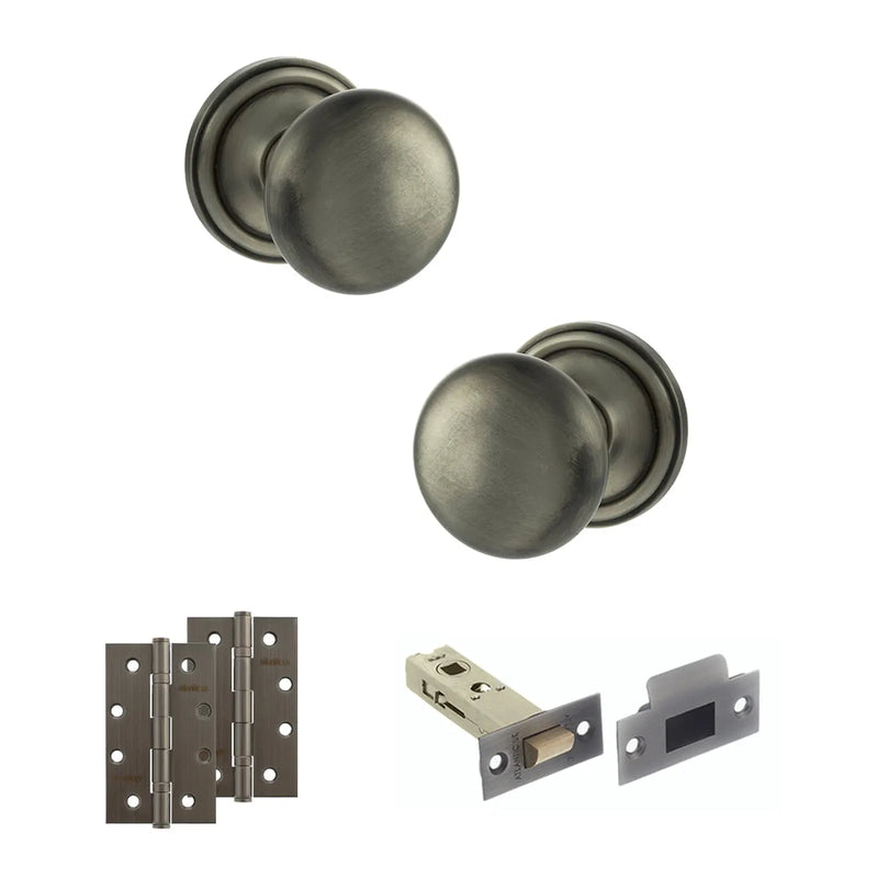 Atlantic Old English Harrogate Door Knob Pack (Latch Set - 3" HD Latch, 4" Slim Knuckle Hinges x2)