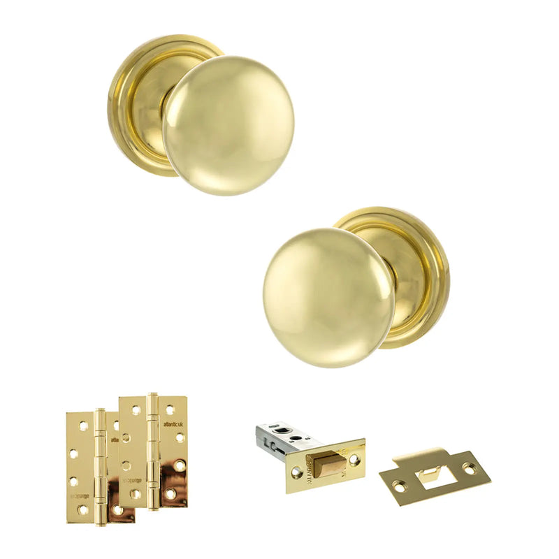 Atlantic Old English Harrogate Door Knob Pack (Latch Set - 3" HD Latch, 4" Slim Knuckle Hinges x2)