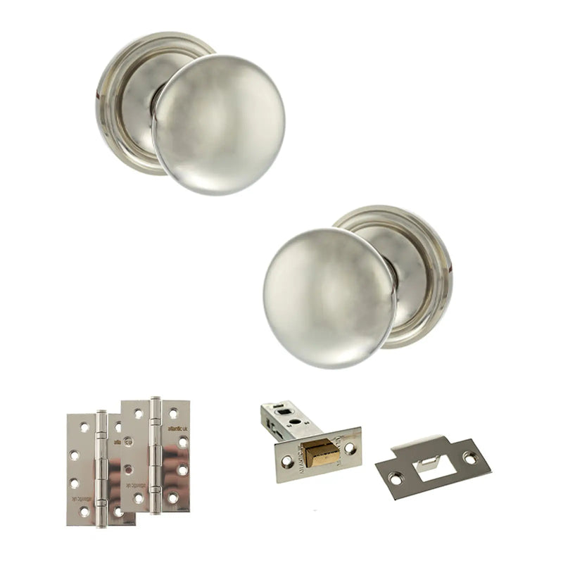 Atlantic Old English Harrogate Door Knob Pack (Latch Set - 3" HD Latch, 4" Slim Knuckle Hinges x2)