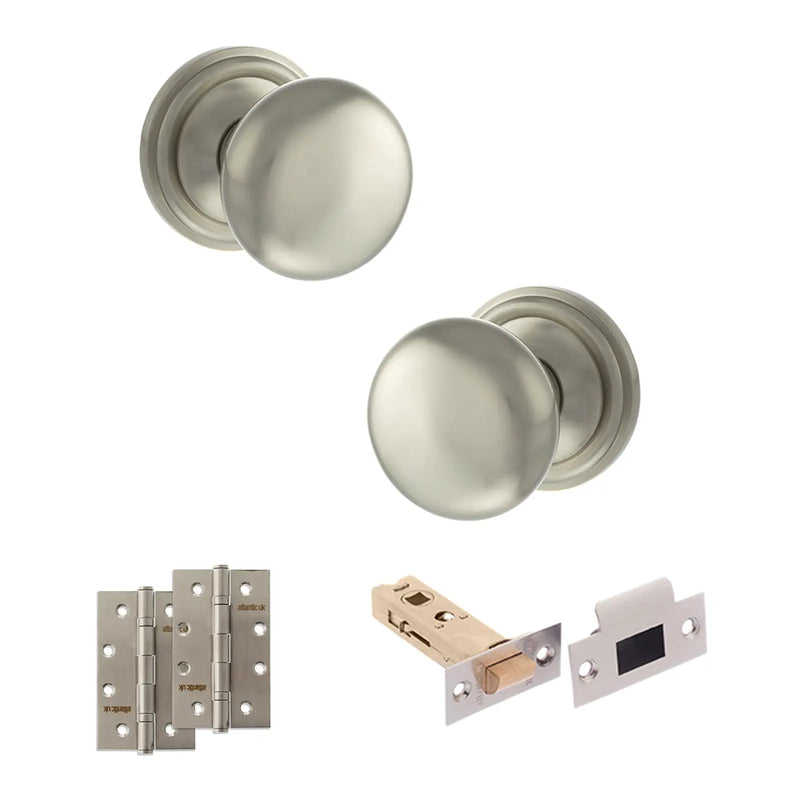 Atlantic Old English Harrogate Door Knob Pack (Latch Set - 3" HD Latch, 4" Slim Knuckle Hinges x2)