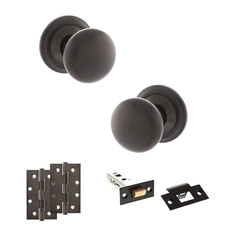 Atlantic Old English Harrogate Door Knob Pack (Latch Set - 3" HD Latch, 4" Slim Knuckle Hinges x2)