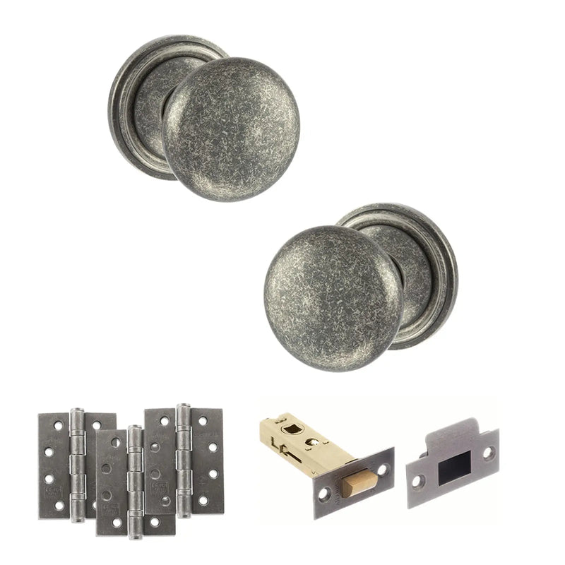 Atlantic Old English Harrogate Door Knob Pack (Latch Set - 3" HD Latch, 4" Fire Rated Hinges x3)