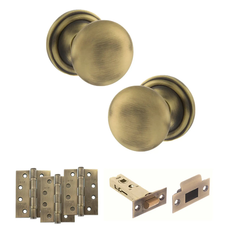 Atlantic Old English Harrogate Door Knob Pack (Latch Set - 3" HD Latch, 4" Fire Rated Hinges x3)
