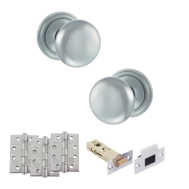 Atlantic Old English Harrogate Door Knob Pack (Latch Set - 3" HD Latch, 4" Fire Rated Hinges x3)