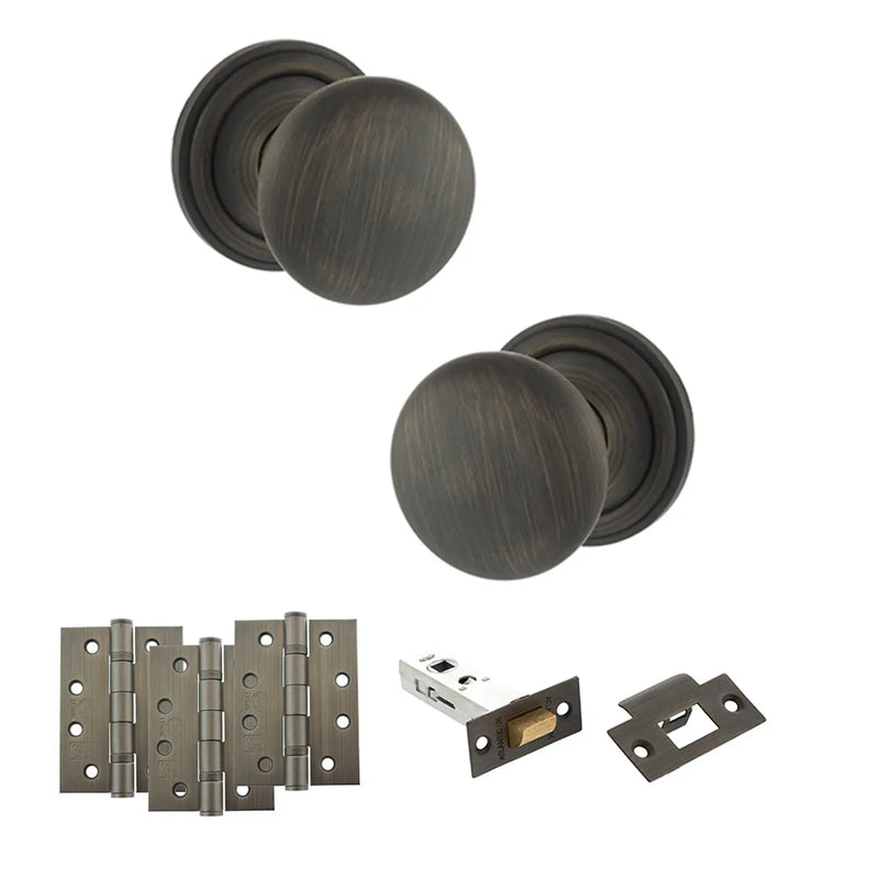 Atlantic Old English Harrogate Door Knob Pack (Latch Set - 3" HD Latch, 4" Fire Rated Hinges x3)