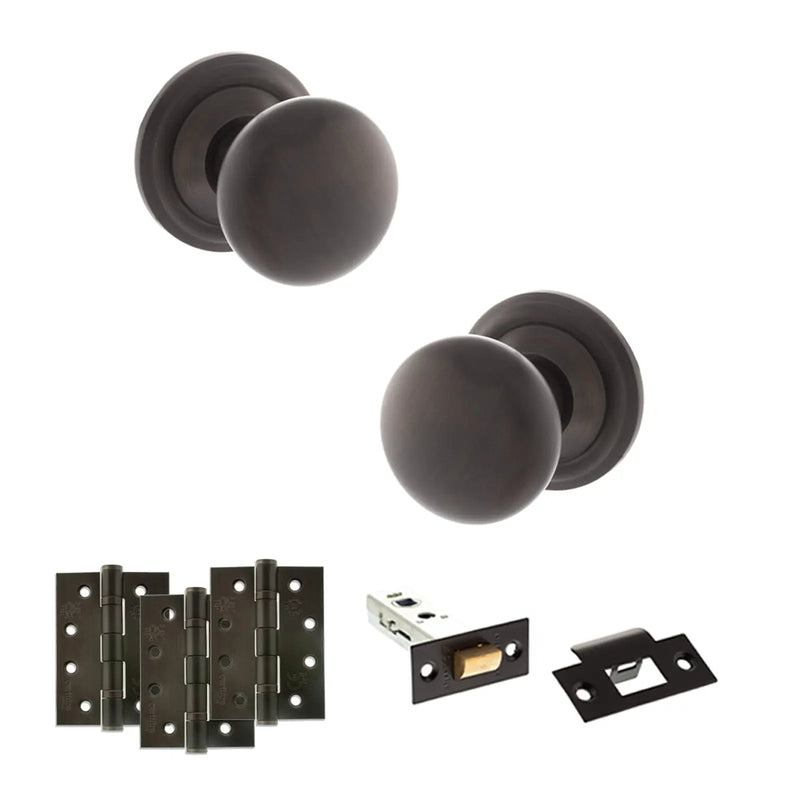 Atlantic Old English Harrogate Door Knob Pack (Latch Set - 3" HD Latch, 4" Fire Rated Hinges x3)