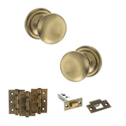 Atlantic Old English Harrogate Door Knob Pack (Latch Set - 4" HD Latch, 3" Fire Rated Hinges x3)
