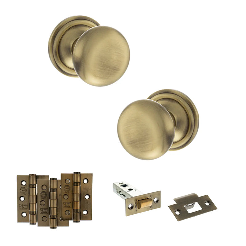 Atlantic Old English Harrogate Door Knob Pack (Latch Set - 4" HD Latch, 3" Fire Rated Hinges x3)
