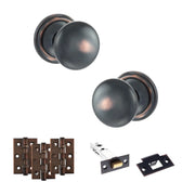 Atlantic Old English Harrogate Door Knob Pack (Latch Set - 4" HD Latch, 3" Fire Rated Hinges x3)