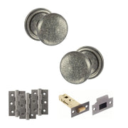 Atlantic Old English Harrogate Door Knob Pack (Latch Set - 4" HD Latch, 3" Fire Rated Hinges x3)
