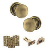 Atlantic Old English Harrogate Door Knob Pack (Latch Set - 4" HD Latch, 3" Fire Rated Hinges x3)