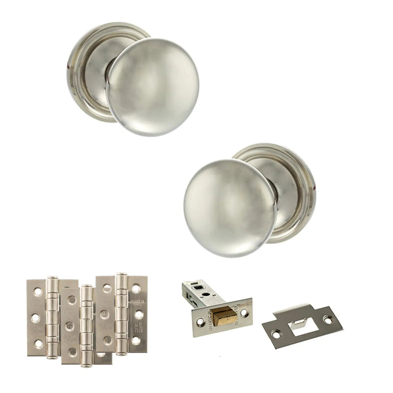 Atlantic Old English Harrogate Door Knob Pack (Latch Set - 4" HD Latch, 3" Fire Rated Hinges x3)