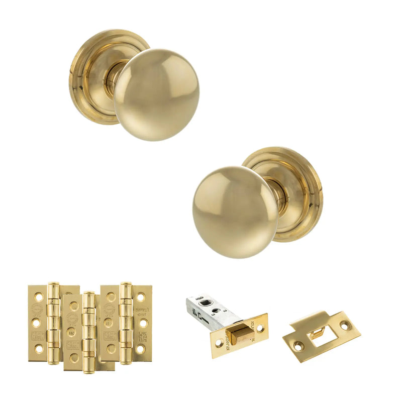 Atlantic Old English Harrogate Door Knob Pack (Latch Set - 4" HD Latch, 3" Fire Rated Hinges x3)