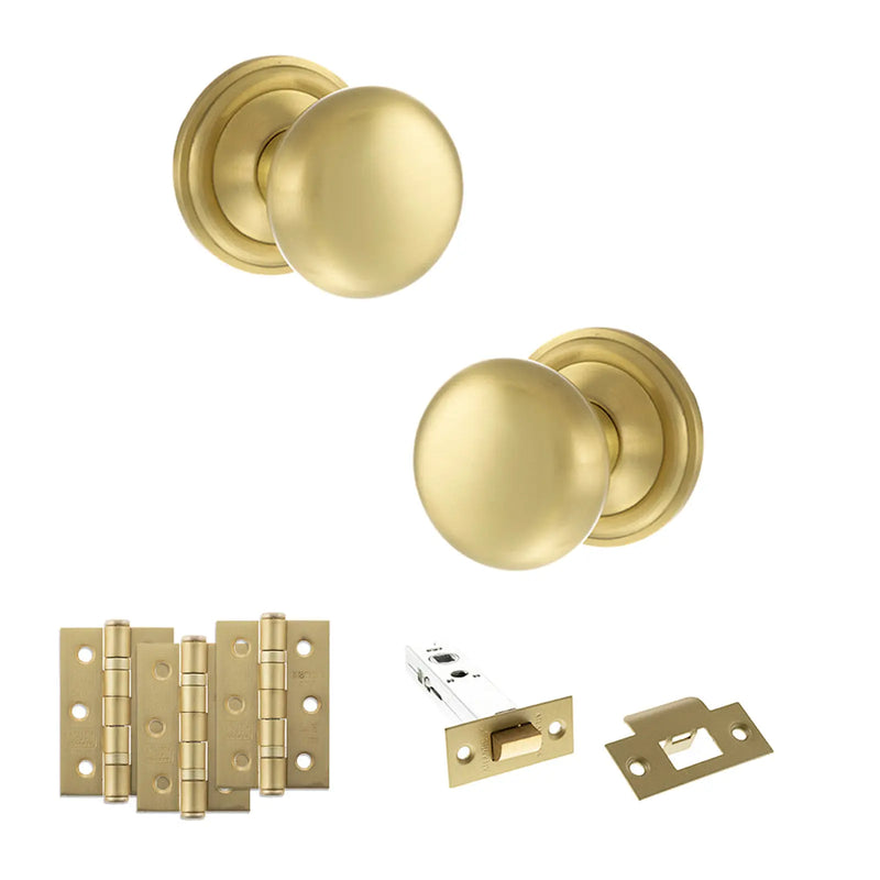 Atlantic Old English Harrogate Door Knob Pack (Latch Set - 4" HD Latch, 3" Fire Rated Hinges x3)
