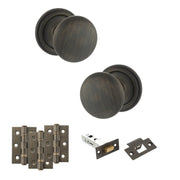 Atlantic Old English Harrogate Door Knob Pack (Latch Set - 4" HD Latch, 3" Fire Rated Hinges x3)