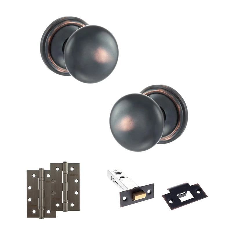 Atlantic Old English Harrogate Door Knob Pack (Latch Set - 4" HD Latch, 4" Slim Knuckle Hinges x2)