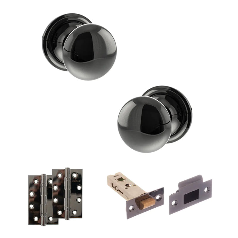 Atlantic Old English Harrogate Door Knob Pack (Latch Set - 4" HD Latch, 4" Slim Knuckle Hinges x2)