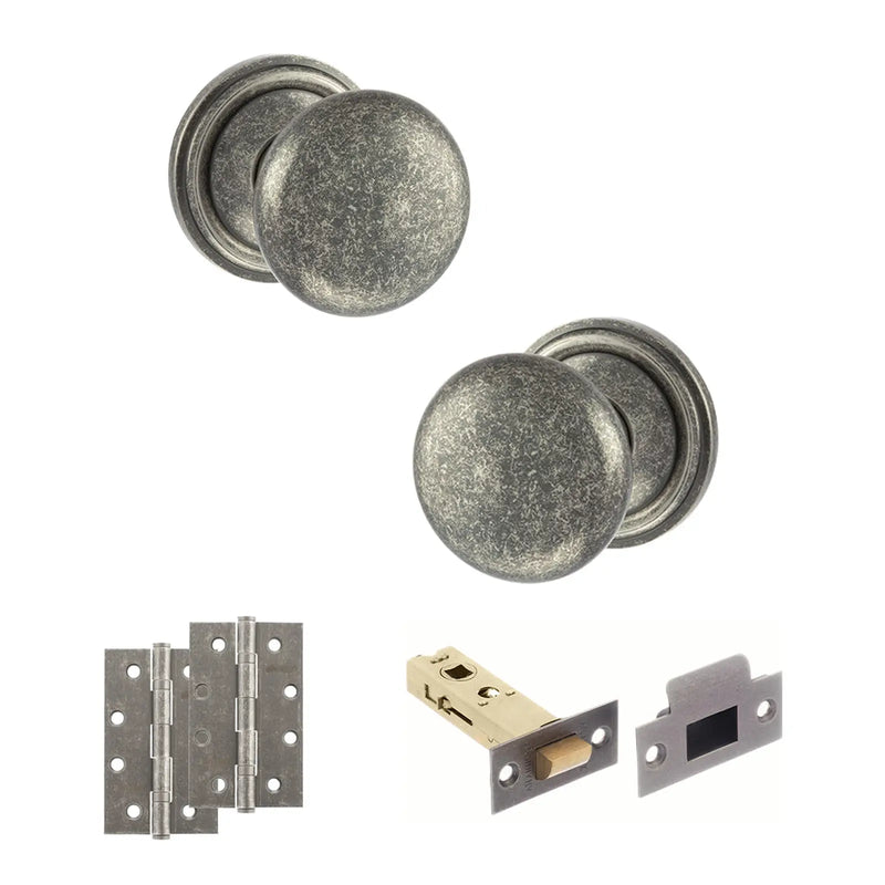 Atlantic Old English Harrogate Door Knob Pack (Latch Set - 4" HD Latch, 4" Slim Knuckle Hinges x2)