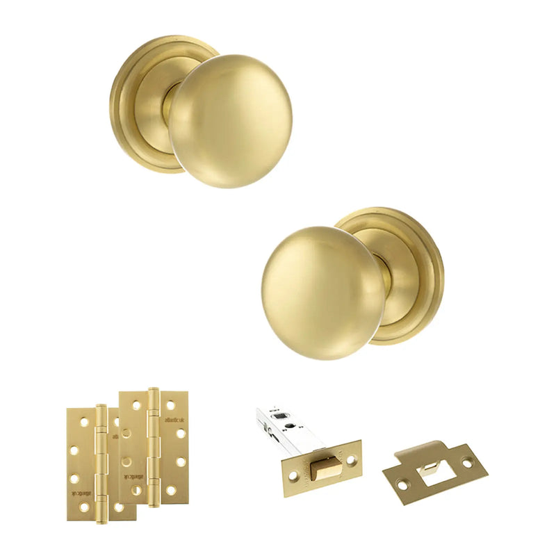 Atlantic Old English Harrogate Door Knob Pack (Latch Set - 4" HD Latch, 4" Slim Knuckle Hinges x2)