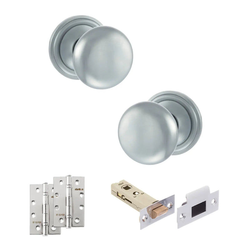 Atlantic Old English Harrogate Door Knob Pack (Latch Set - 4" HD Latch, 4" Slim Knuckle Hinges x2)