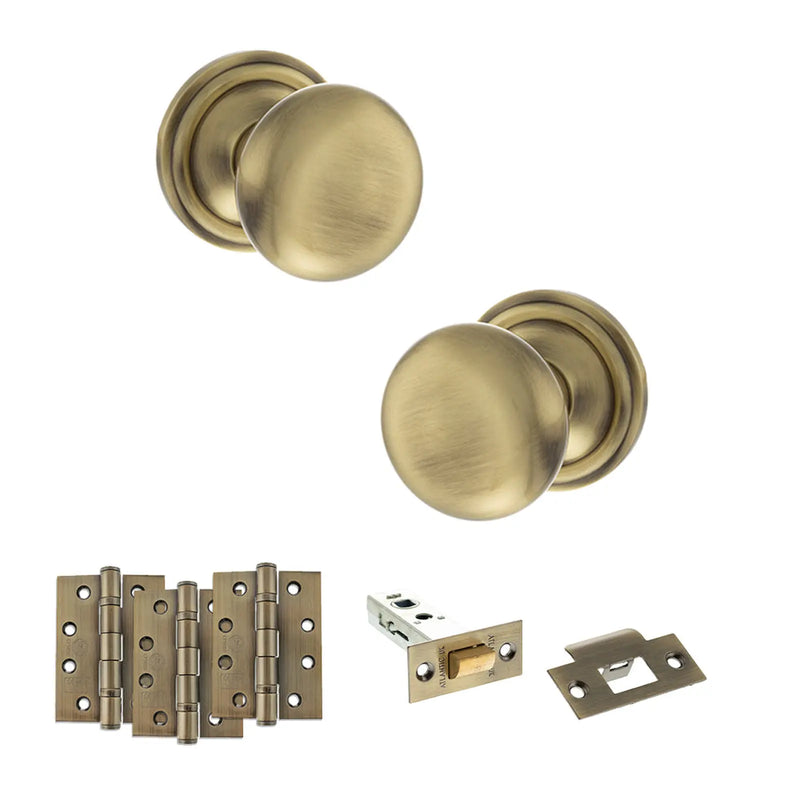 Atlantic Old English Harrogate Door Knob Pack (Latch Set - 4" HD Latch, 4" Fire Rated Hinges x3)
