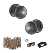 Atlantic Old English Harrogate Door Knob Pack (Latch Set - 4" HD Latch, 4" Fire Rated Hinges x3)