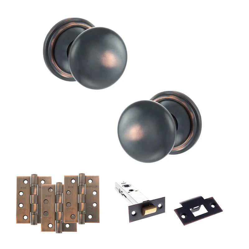 Atlantic Old English Harrogate Door Knob Pack (Latch Set - 4" HD Latch, 4" Fire Rated Hinges x3)