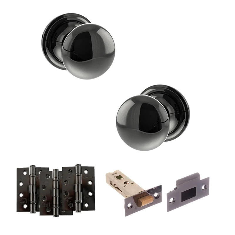 Atlantic Old English Harrogate Door Knob Pack (Latch Set - 4" HD Latch, 4" Fire Rated Hinges x3)