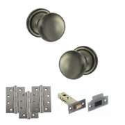 Atlantic Old English Harrogate Door Knob Pack (Latch Set - 4" HD Latch, 4" Fire Rated Hinges x3)