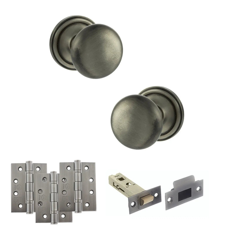 Atlantic Old English Harrogate Door Knob Pack (Latch Set - 4" HD Latch, 4" Fire Rated Hinges x3)