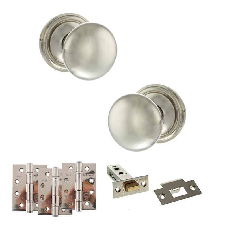 Atlantic Old English Harrogate Door Knob Pack (Latch Set - 4" HD Latch, 4" Fire Rated Hinges x3)