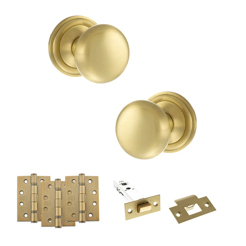 Atlantic Old English Harrogate Door Knob Pack (Latch Set - 4" HD Latch, 4" Fire Rated Hinges x3)
