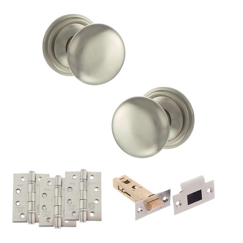 Atlantic Old English Harrogate Door Knob Pack (Latch Set - 4" HD Latch, 4" Fire Rated Hinges x3)