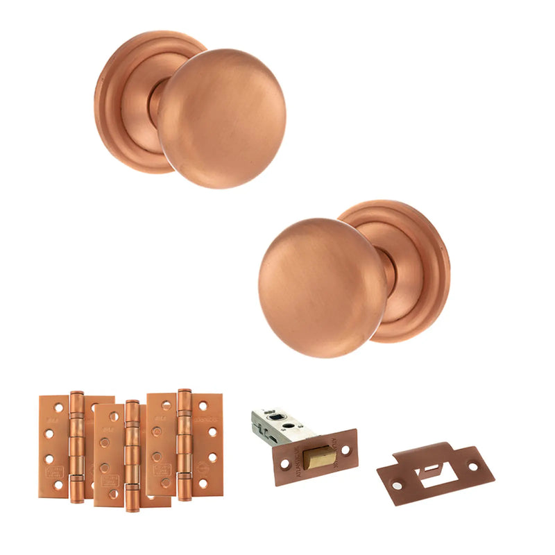 Atlantic Old English Harrogate Door Knob Pack (Latch Set - 4" HD Latch, 4" Fire Rated Hinges x3)
