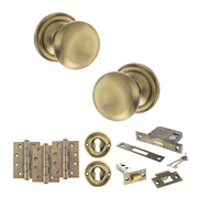 Atlantic Old English Harrogate Door Knob Pack (Lock Set - 3" Latch & Deadlock, 4" Fire Rated Hinges x3)