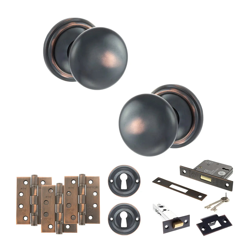 Atlantic Old English Harrogate Door Knob Pack (Lock Set - 3" Latch & Deadlock, 4" Fire Rated Hinges x3)