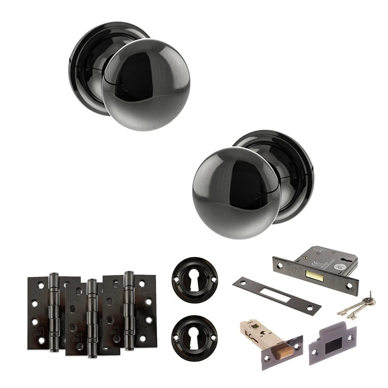 Atlantic Old English Harrogate Door Knob Pack (Lock Set - 3" Latch & Deadlock, 4" Fire Rated Hinges x3)