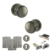 Atlantic Old English Harrogate Door Knob Pack (Lock Set - 3" Latch & Deadlock, 4" Fire Rated Hinges x3)
