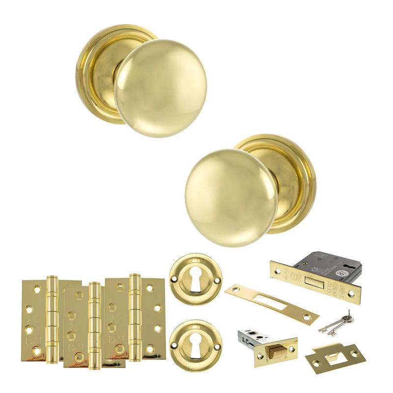 Atlantic Old English Harrogate Door Knob Pack (Lock Set - 3" Latch & Deadlock, 4" Fire Rated Hinges x3)