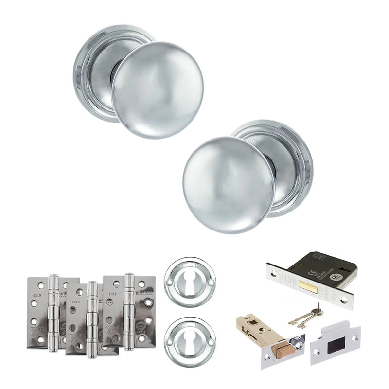 Atlantic Old English Harrogate Door Knob Pack (Lock Set - 3" Latch & Deadlock, 4" Fire Rated Hinges x3)
