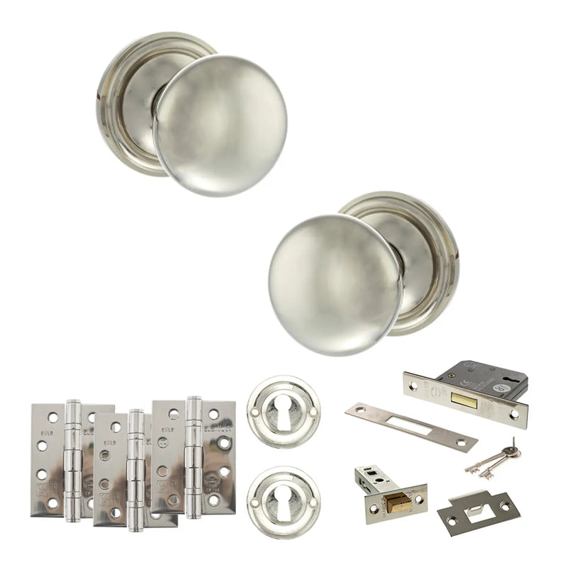 Atlantic Old English Harrogate Door Knob Pack (Lock Set - 3" Latch & Deadlock, 4" Fire Rated Hinges x3)