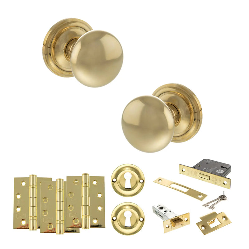 Atlantic Old English Harrogate Door Knob Pack (Lock Set - 3" Latch & Deadlock, 4" Fire Rated Hinges x3)