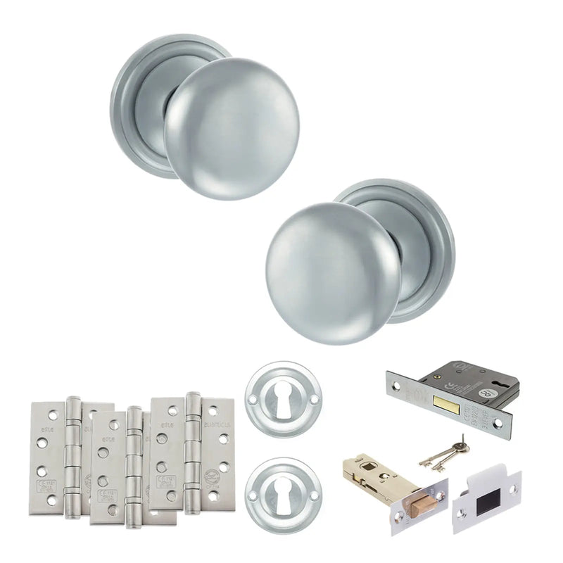 Atlantic Old English Harrogate Door Knob Pack (Lock Set - 3" Latch & Deadlock, 4" Fire Rated Hinges x3)