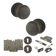 Atlantic Old English Harrogate Door Knob Pack (Lock Set - 3" Latch & Deadlock, 4" Fire Rated Hinges x3)