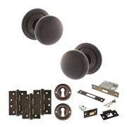 Atlantic Old English Harrogate Door Knob Pack (Lock Set - 3" Latch & Deadlock, 4" Fire Rated Hinges x3)